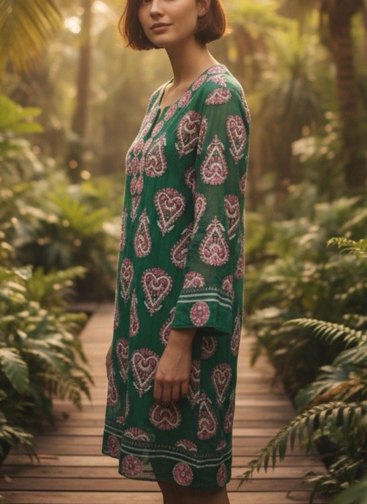 Rara Avis Iris Apfel Green & Pink Heart Pattern Tunic Embroidered Sequin Dress