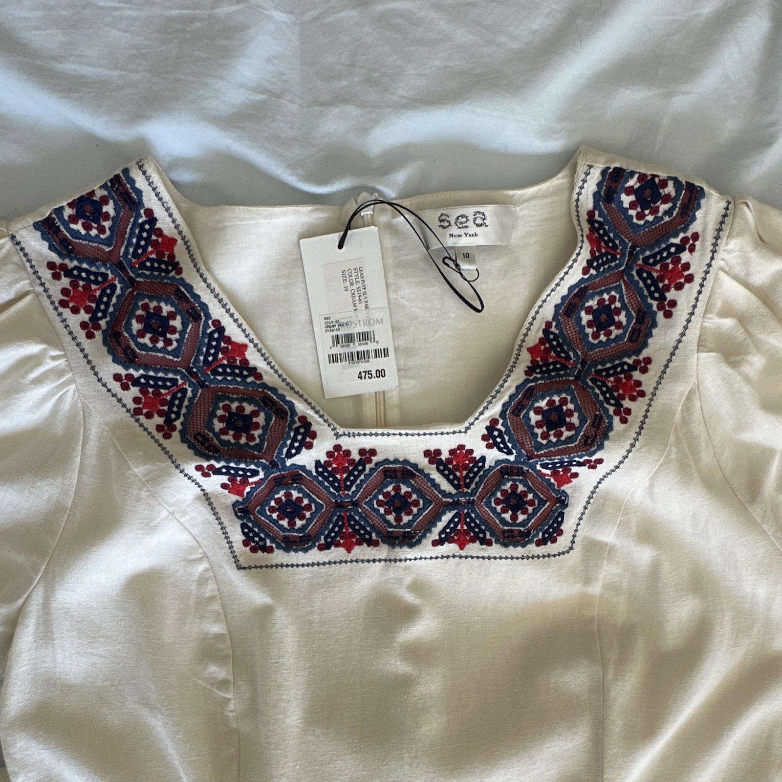 Sea New York Ivory Embroidered Geometric Square Neck 3/4 Sleeve Midi 10