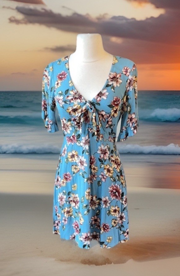 Floral Summer Romantic Dress Blue Flowy Ruffle Sleeve Womens Small Mini