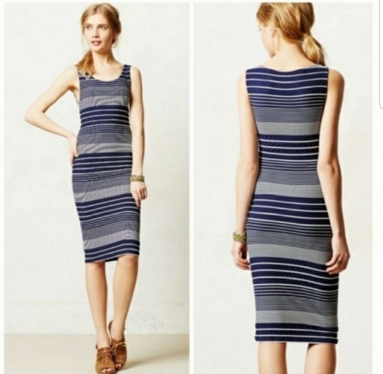 Anthropologie Maeve Edisto Dress Striped Tank Midi Navy White Bodycon Column XS