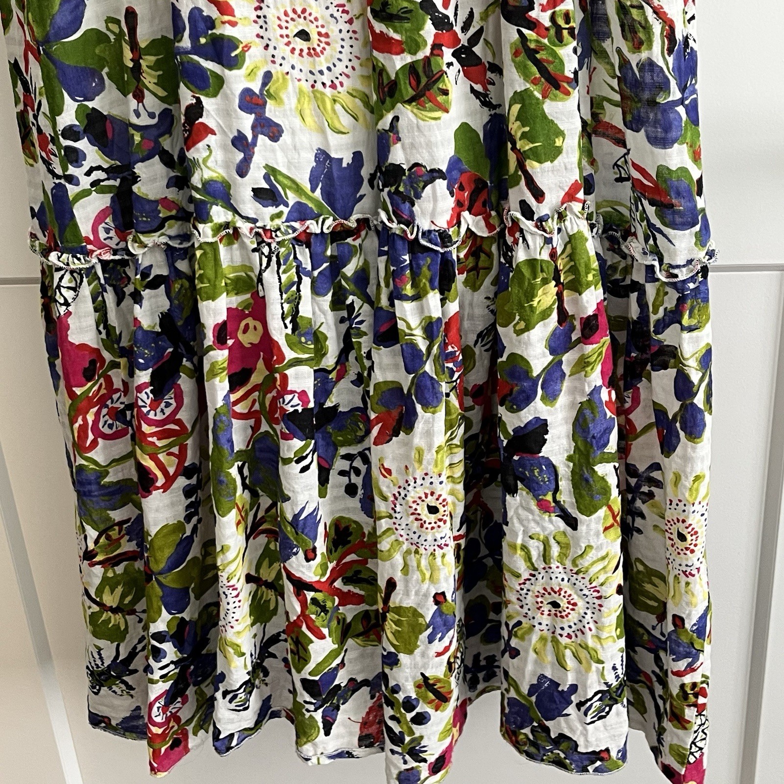 Alberto Makali Cotton Vibrant Floral Flowy Boho Maxi Ruffle Beaded Coastal Mod