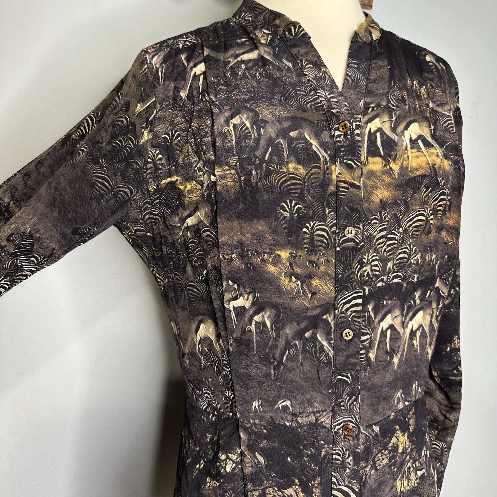 Edun Women’s Long Sleeve Silk Mini Shirt Dress In Jungle Zebra Animal Print M