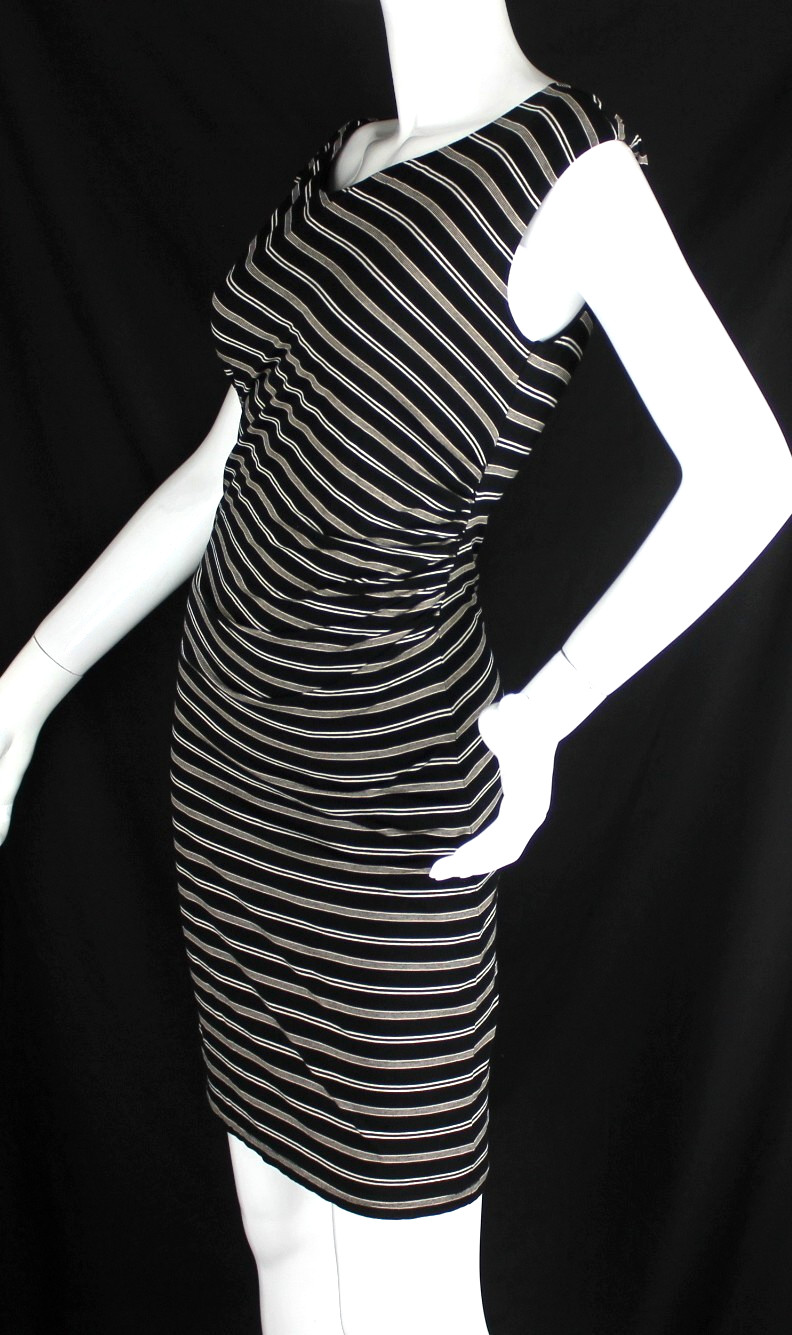 {ANN TAYLOR LOFT} Dress Sz. M Black & Beige Striped Ruched Stretch Lined