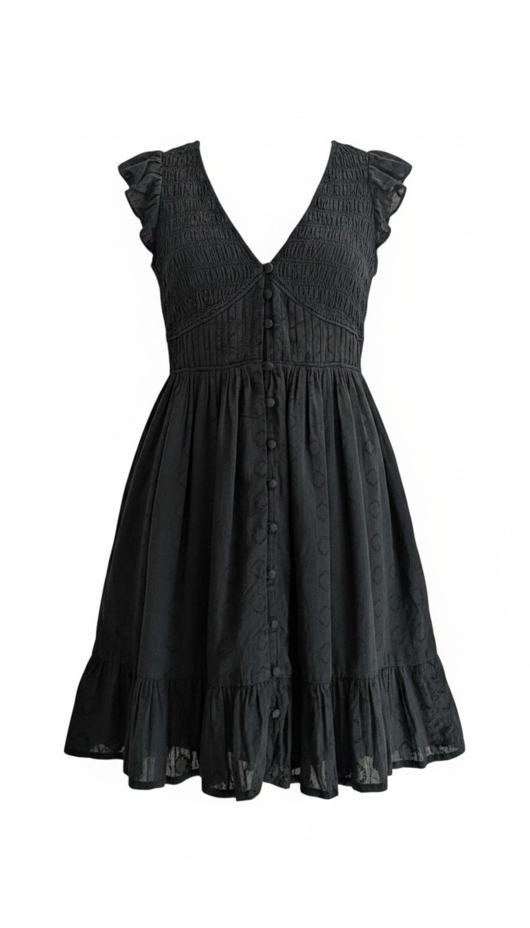 Anthropologie Black Linen Smocked Mini Dress Size S Ruffle — EUC