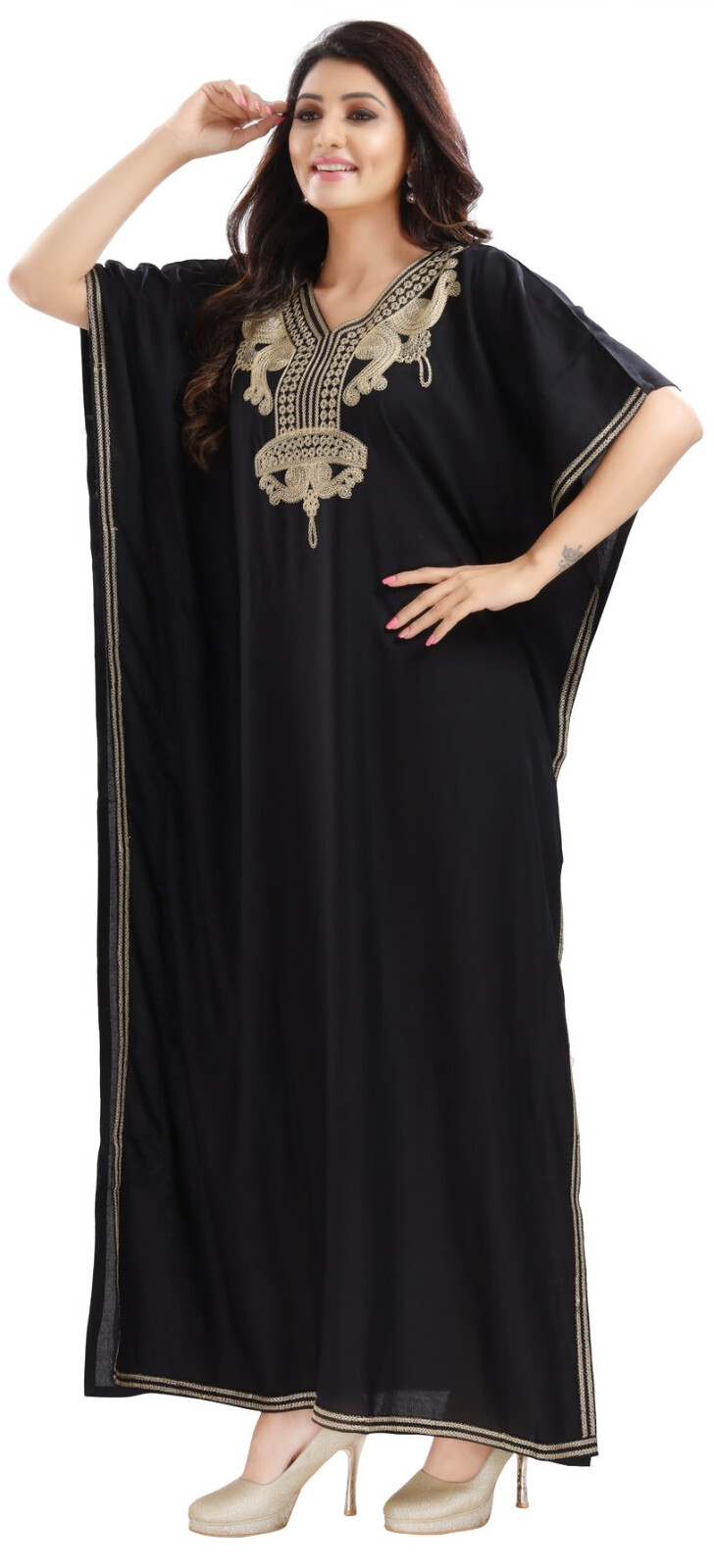 AK02 Embroidery Neck and Border Viscose Rayon Black FIT UK 10 – 22 LENGTH 55 INC