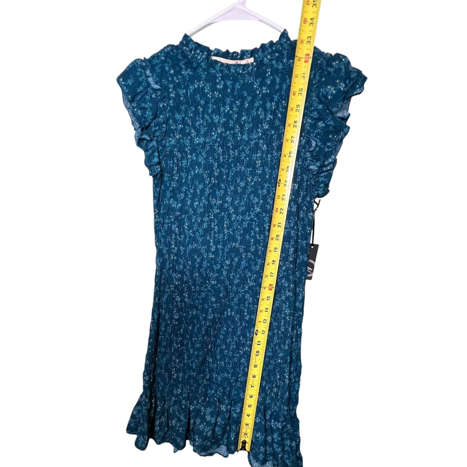 Liberty Love Mini Dress Womens Large Blue Ruffle Mini Floral Smocked Cap Sleeve