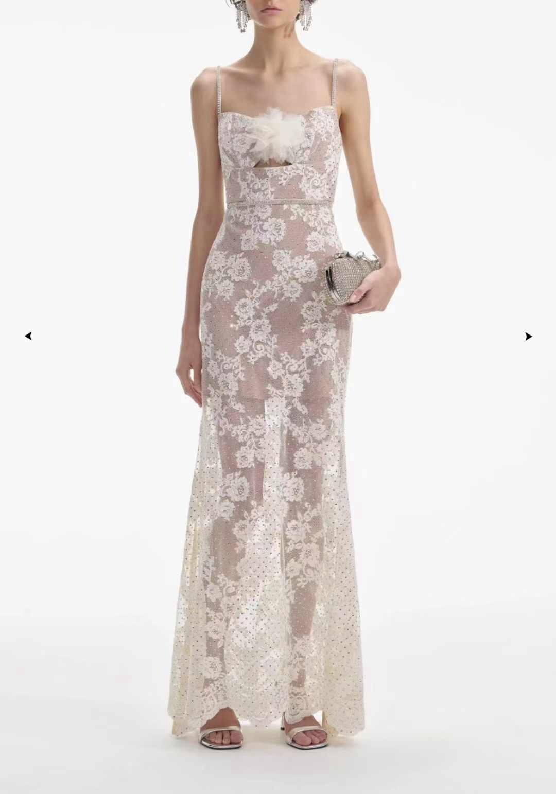 self portrait CREAM RHINESTONE LACE MAXI DRESS $870 UK 6 US 2