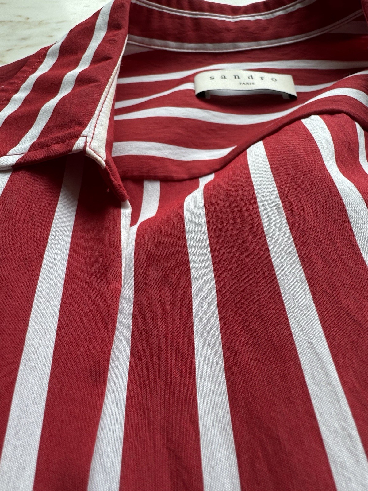 Sandro Paris Red White Striped Wrap Midi Dress Short Sleeve Belted Sz 40 US 8 M