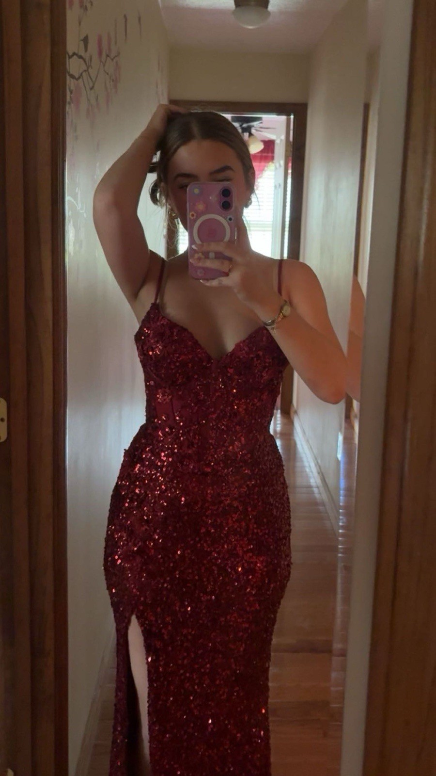 Women’s Red Sequin Sweetheart Spaghetti Strap Long Side Slit Dress Size S