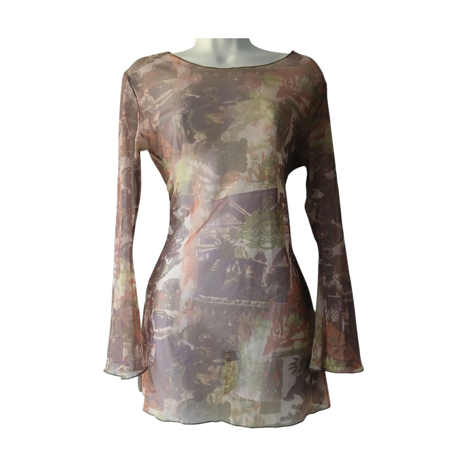 VTG Y2K Graphic Sheer Mesh Mini Dress Flared Sleeves Goth Nude Grunge Festival S