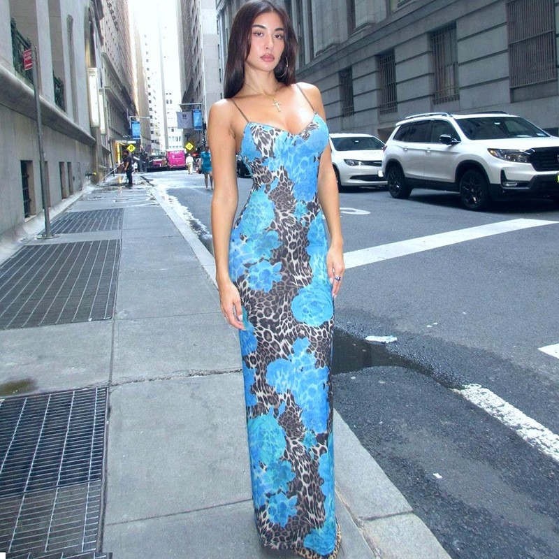 Women’s Polyester Fiber Slim Fit Printed Design with Suspender Dress