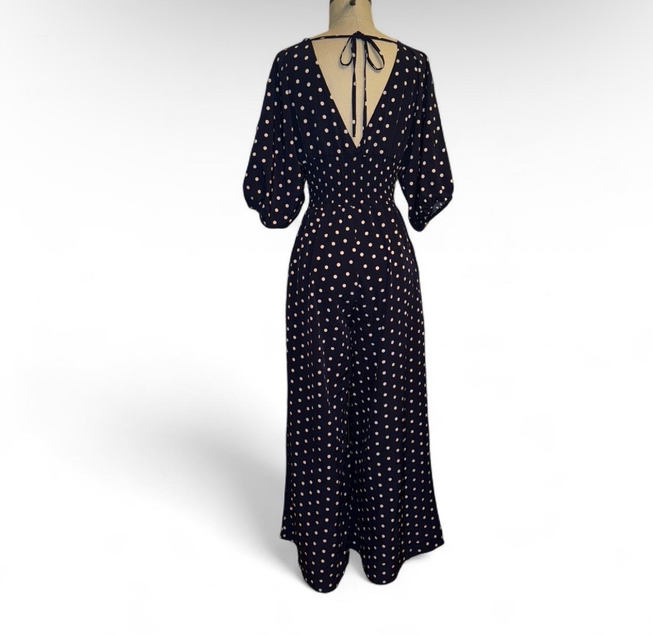 Polka Dot Navy & White Jumper Ruched Waist Tie Back Size Small To Medium