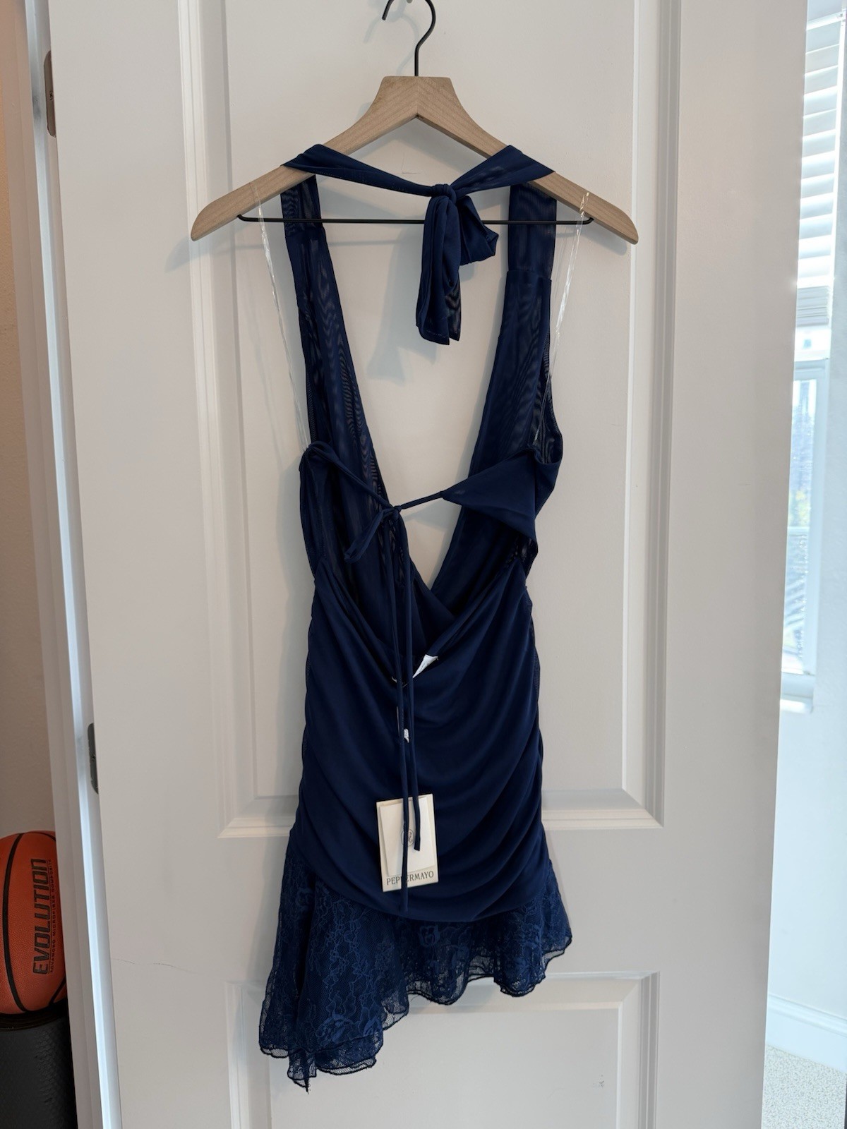 Peppermayo Raphaela Mini Dress -Navy Ruched Lace Hem Open Back V-Neck AU 8/US 4