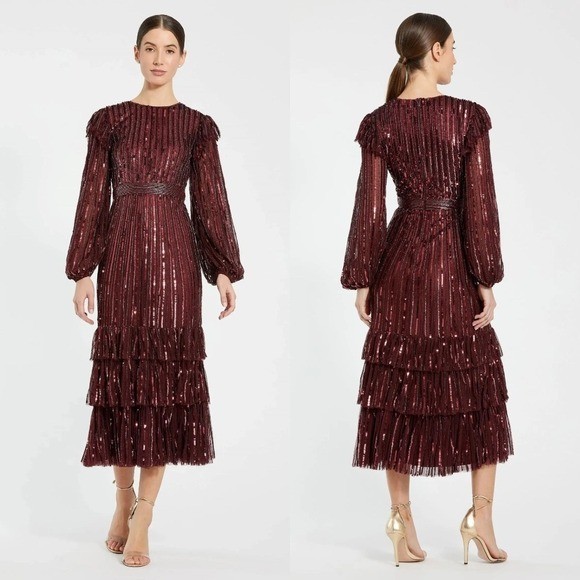 Mac Duggal Burgundy Red Embellished Long Sleeve Ruffle Midi Dress 18 $698