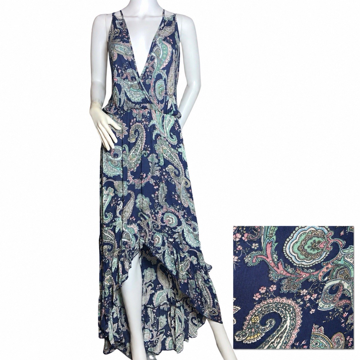 Paisley Halter Dress Medium Blue Resort Vacation Ruffle Hem Boho NWT Sexy