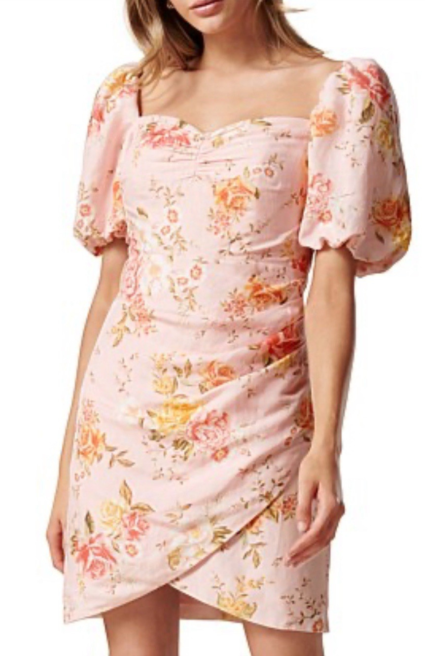 Ever New Melbourne Pink Floral Puff Sleeve Mini Dress Sweetheart Neck Size 12