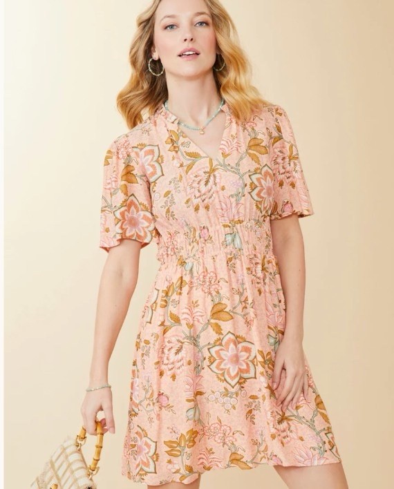 Spartina 449 Elayne Splitneck Dress Calm Waters Floral Sz M Pink Peasant