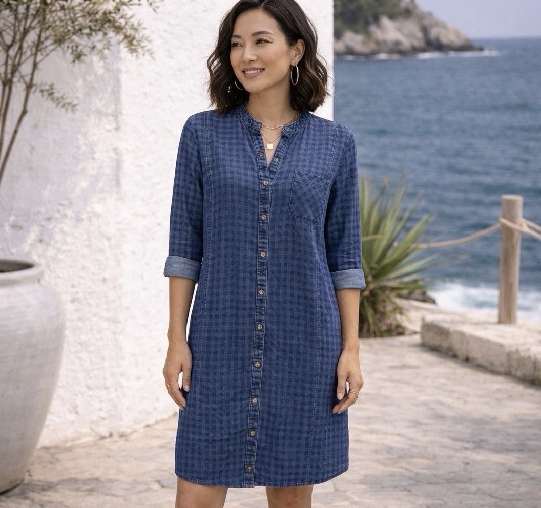 J Jill Womens XL/Tall Chambray Dress Denim Boho Gingham Cottagecore Lagenlook