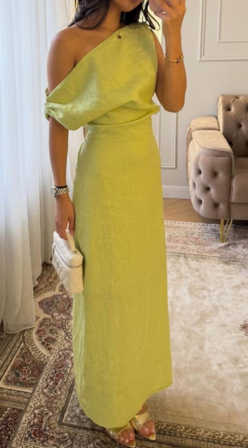 Elegant Women’s Lime Green Off-Shoulder Linen Dress – Summer Maxi Evening Gown