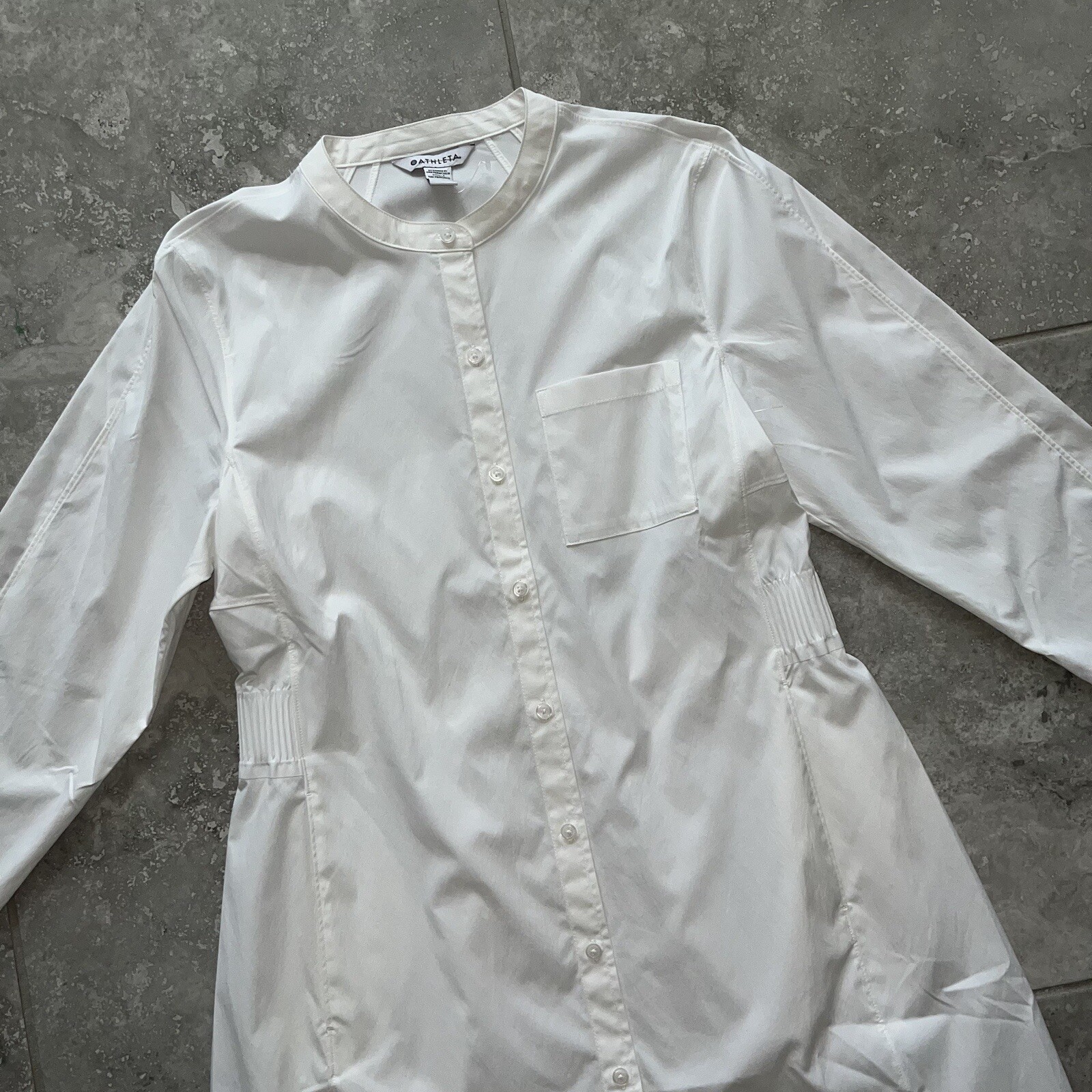Athleta White Long Sleeve Button Shirt Dress Midi Cinched Waist Pocket M New