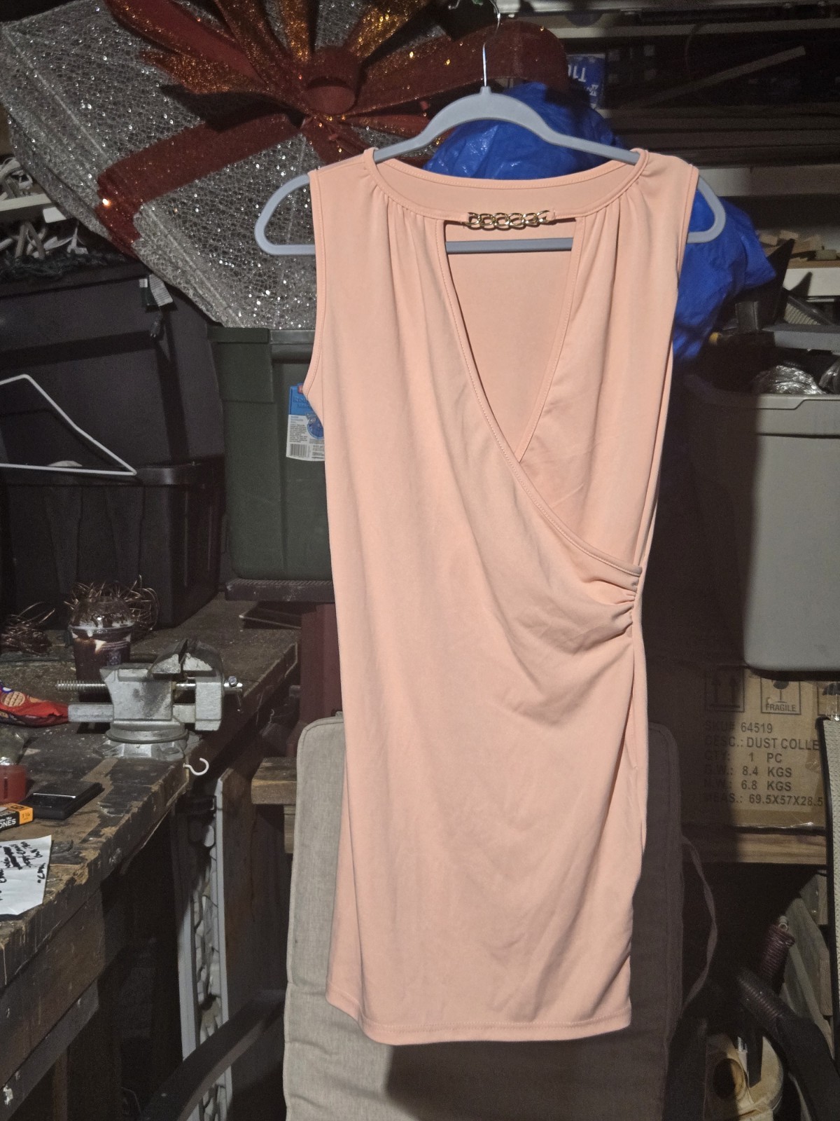 SHEIN Pink Solid V-Neck Sleeveless Bodycon Sheath Knee Dress Chain S