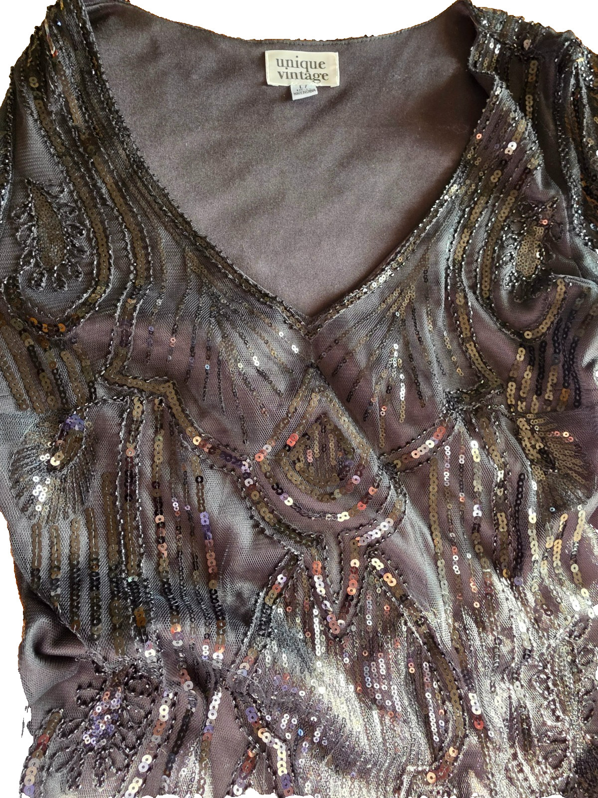 Unique Vintage L 10-12 Black Sequin Beaded Fringe Flapper Dress with Headband