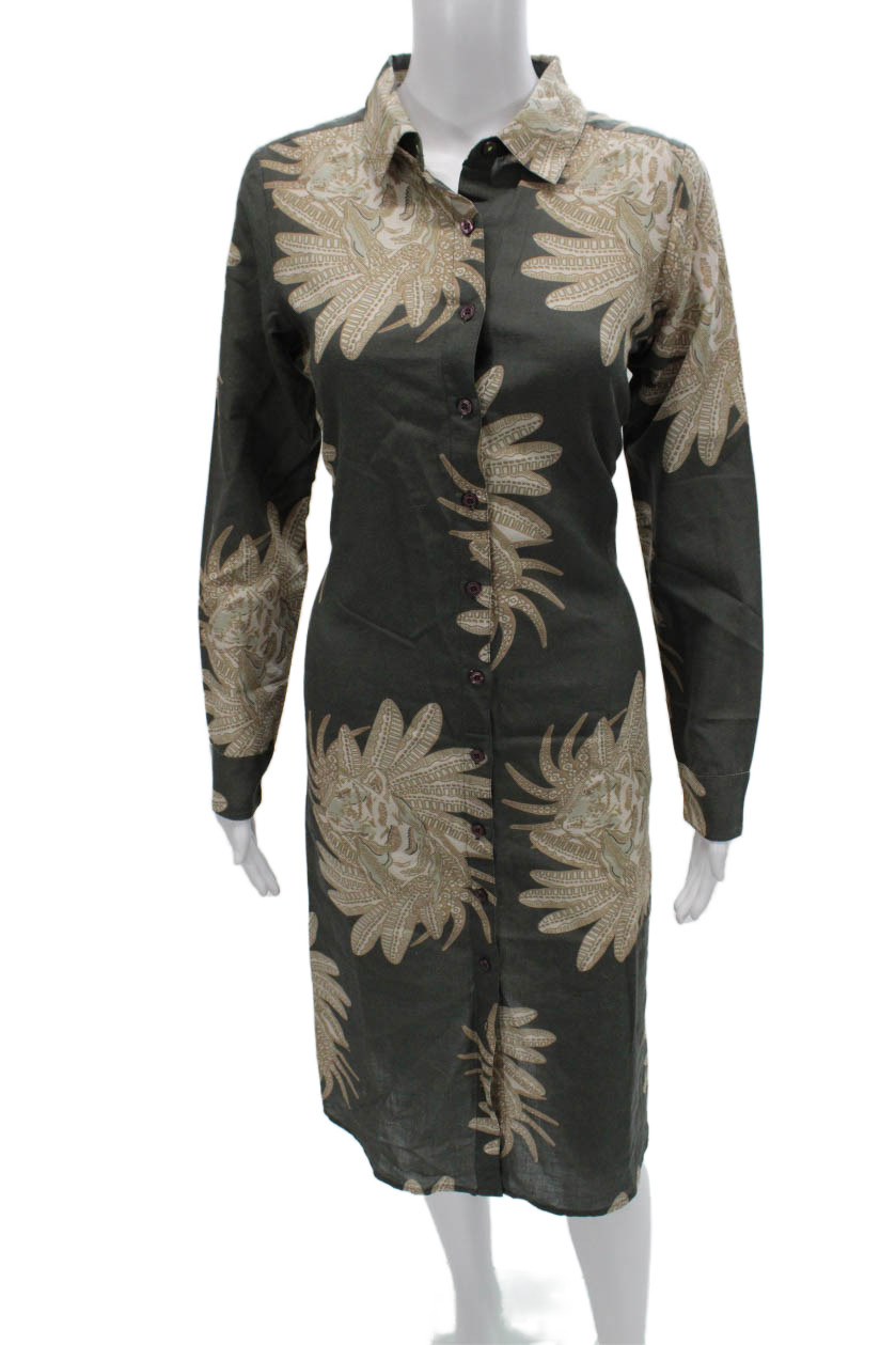Las Surenas Women Shirt Dress Green Floral Collared Long Sleeve Cotton Size XS