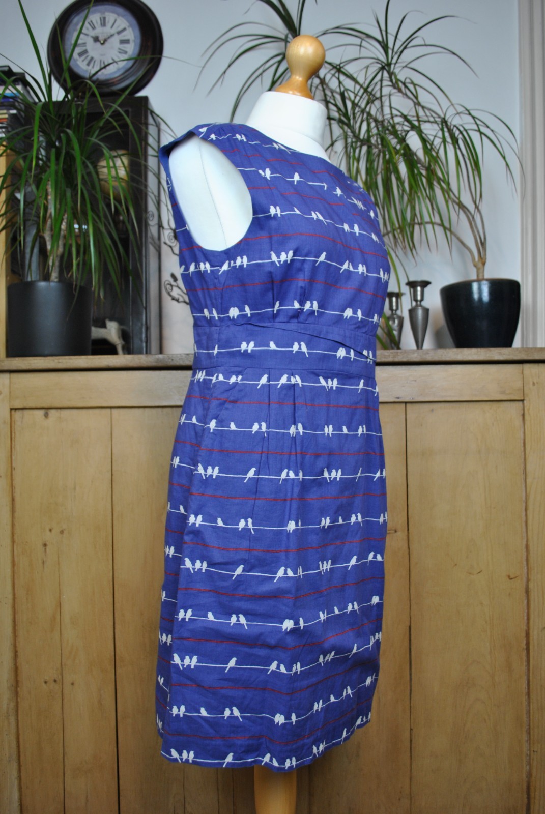 Poem by Oliver Bonas Blue Bird Print Cotton Sleeveless Fit & Flare Dress Size 12