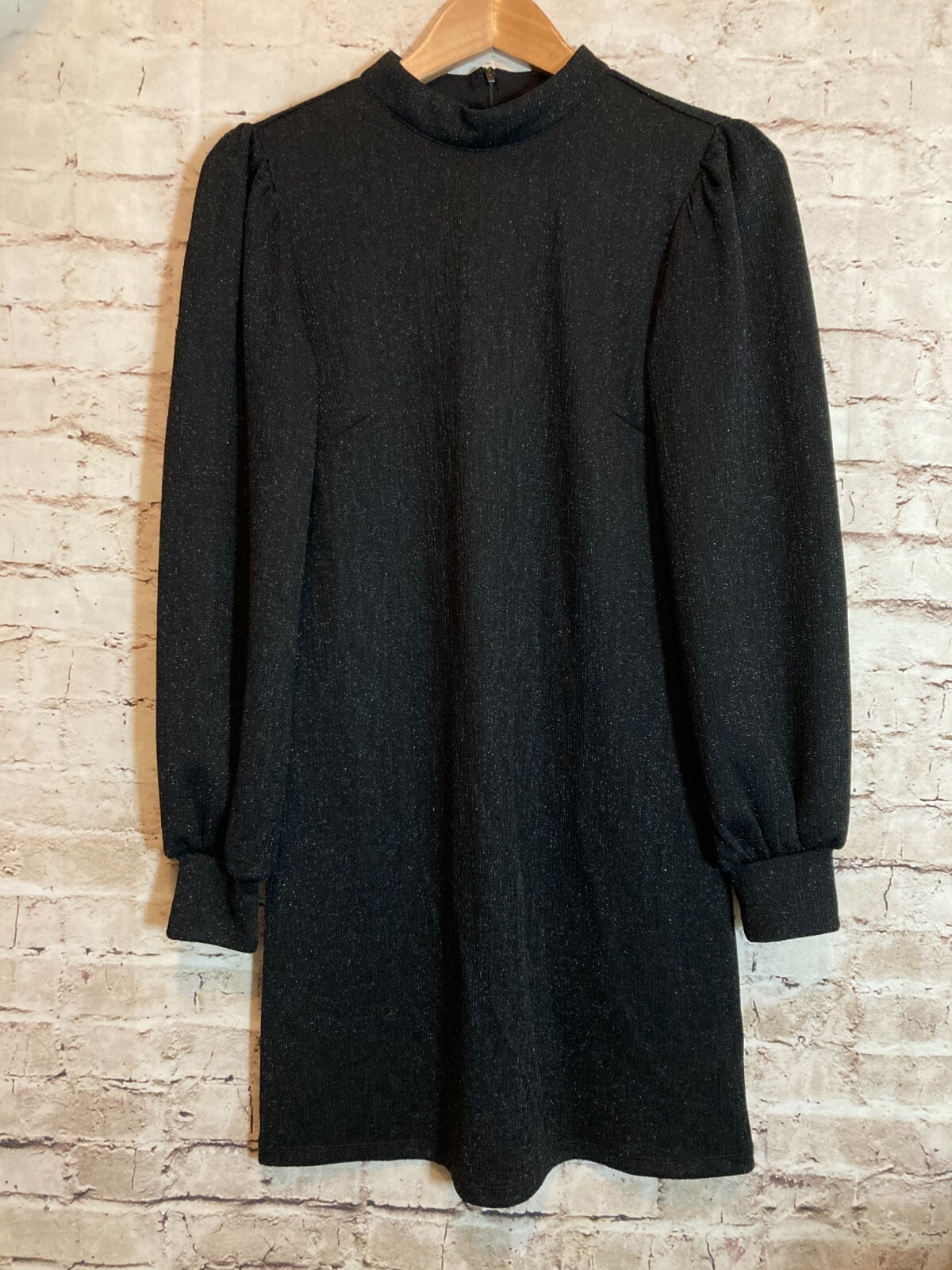 Sanctuary Dress Womens XS Black All Over Glitter LBD Puff Sleeve Zip Up Stretch