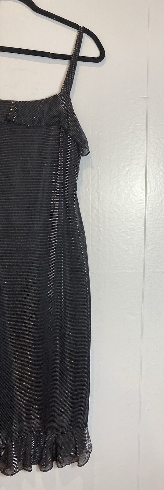 Vintage Fashion Bug Black Metallic Striped Slip Dress Size 12 Ruffle Hem 90s