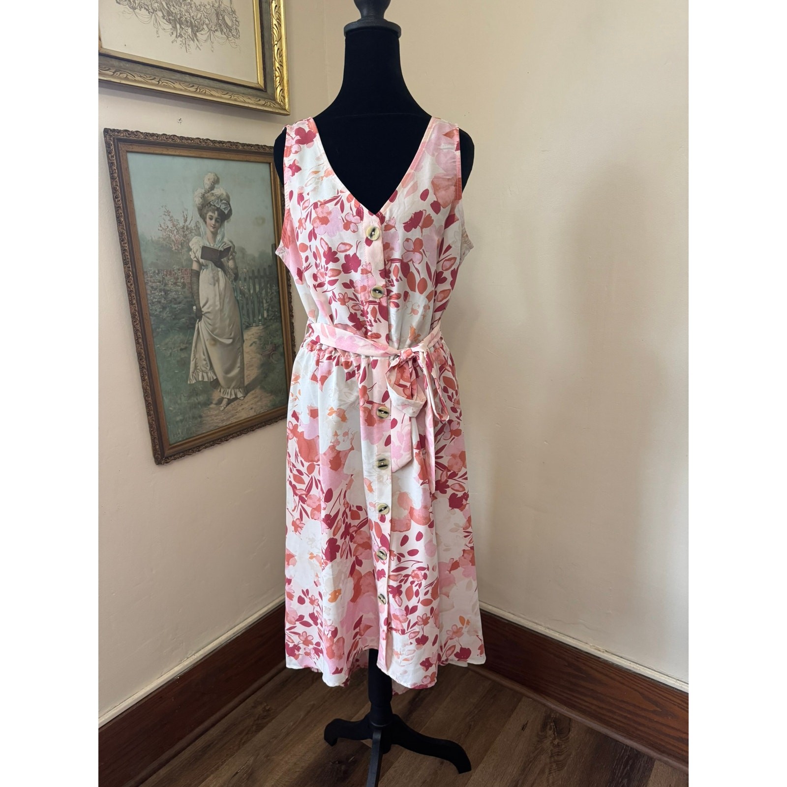 Luxology Wedding Guest Floral High Low Midi Dress Tie Waist Pink M