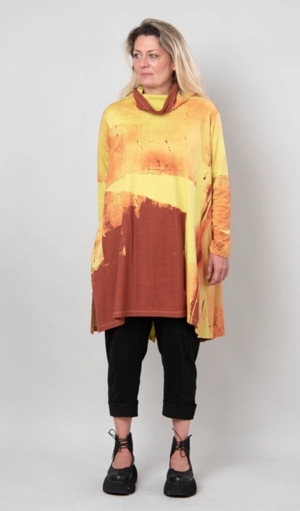 MOYURU Sz M Medium Yellow Orange Red Abstract Tunic High Neck Dress NWT