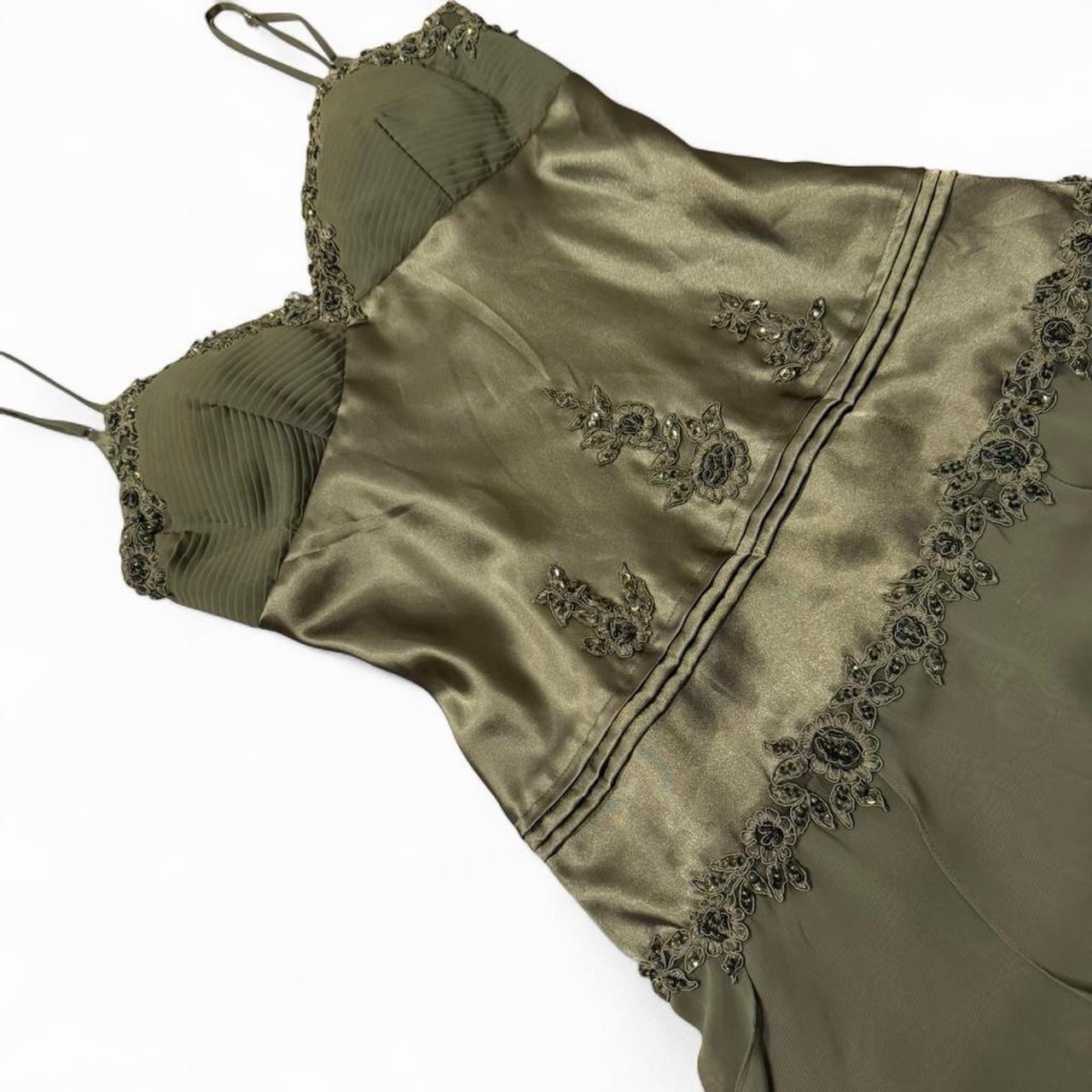 Interlude Green Satin Embroidered Sequin Slip Dress V-Neck Adjustable Straps M