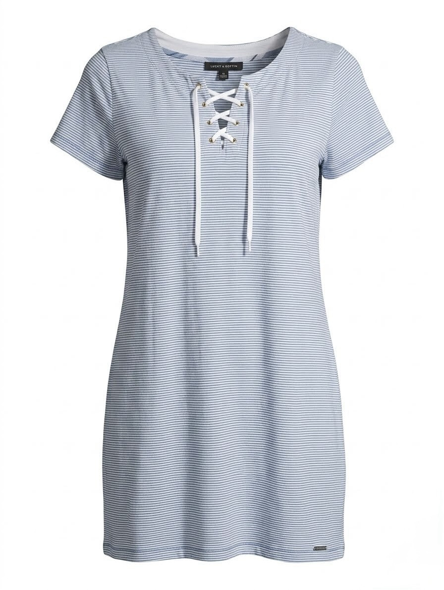 Tommy Hilfiger Striped Lace-Up T-Shirt Shift Dress Navy/White L/G Short Sleeve