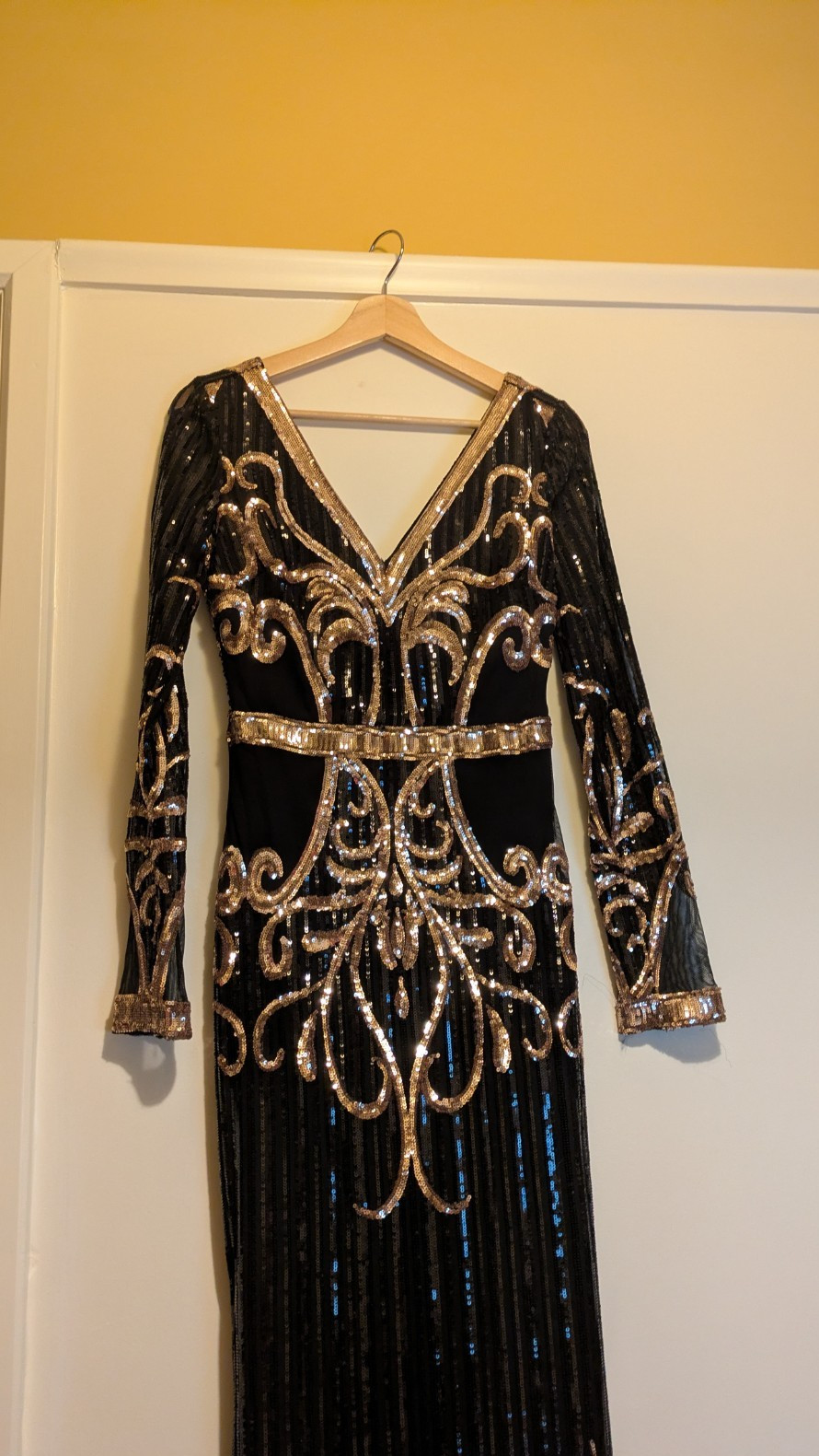 Goddiva Black Gold Sequin Maxi Fishtail Dress Flapper Gatsby 20’s Style UK 8