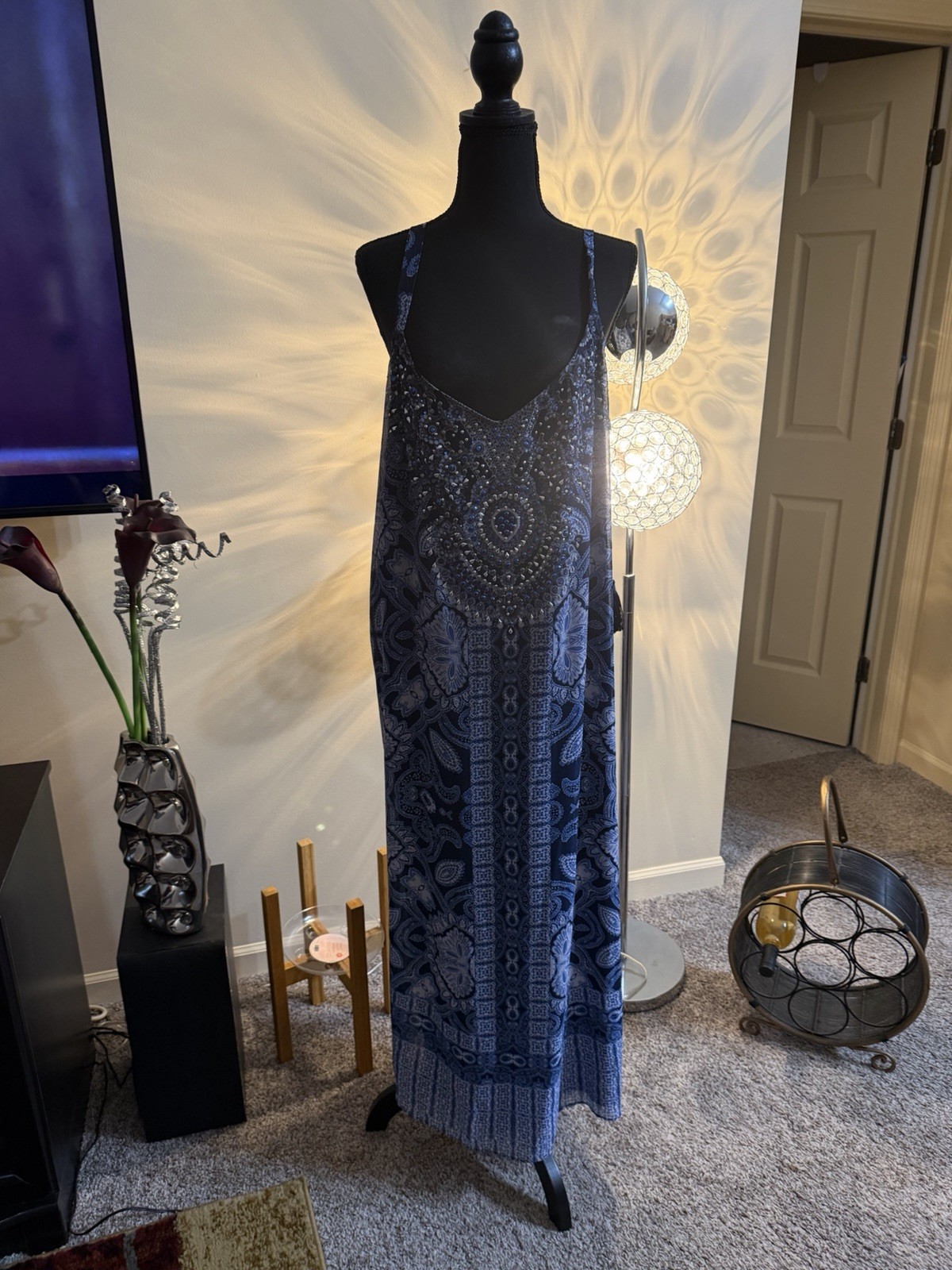 Blue & White Spaghetti Strap Sundress embellished With rhinestones Size 22/24