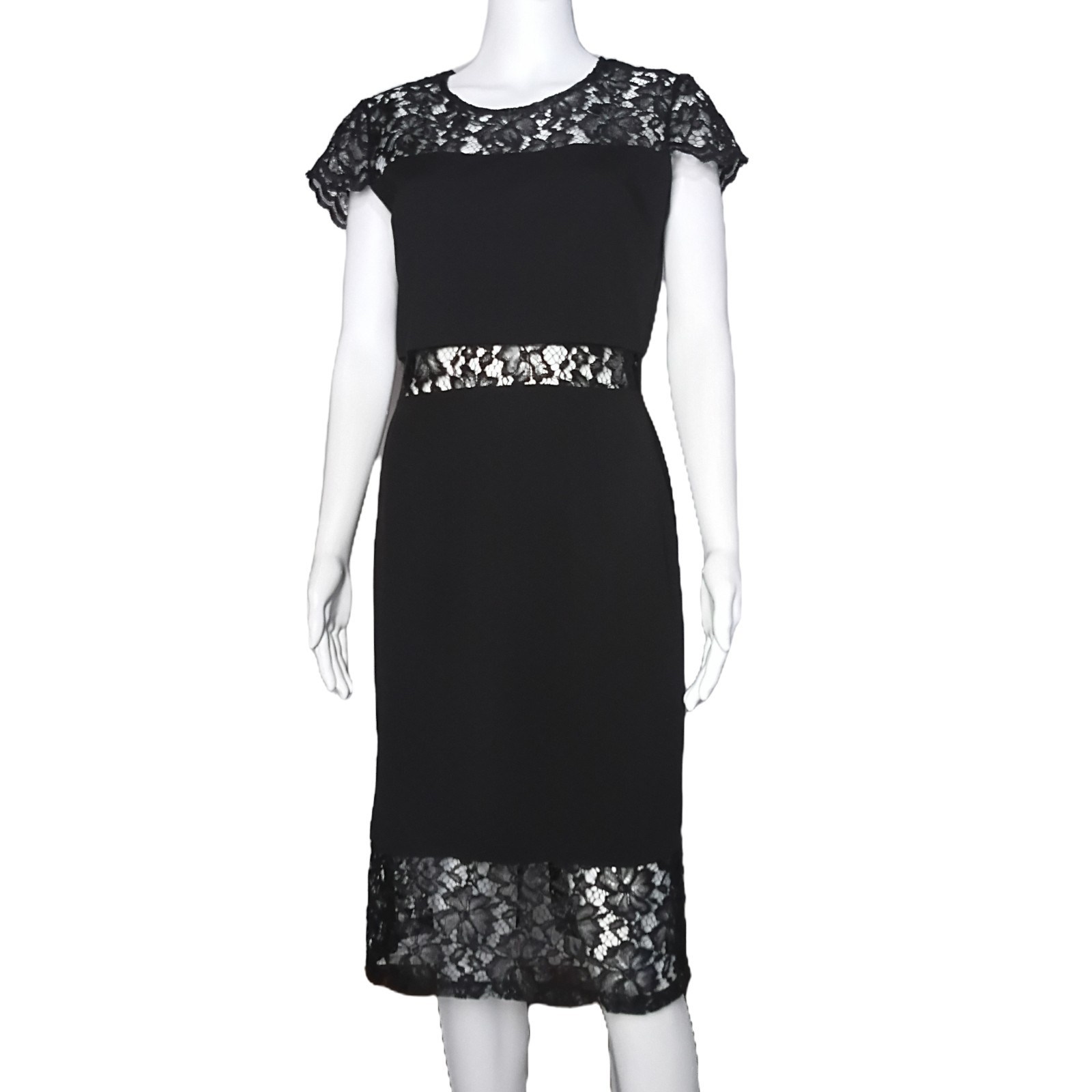Enfocus Studio Black & Floral Sheer Lace Cocktail Midi Pencil Dress Women’s Sz 8