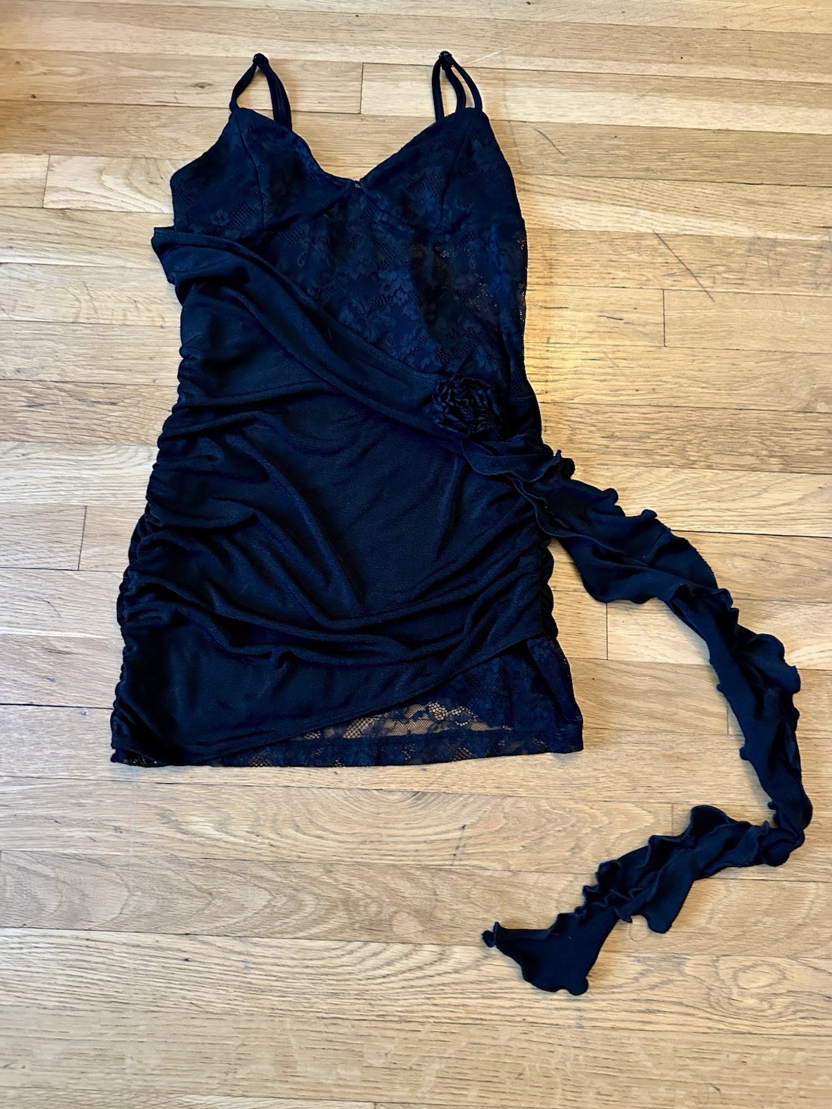 ✨SHEIN Black Lace Ruched Mini Dress Women L Bodycon Party Cocktail Dress✨