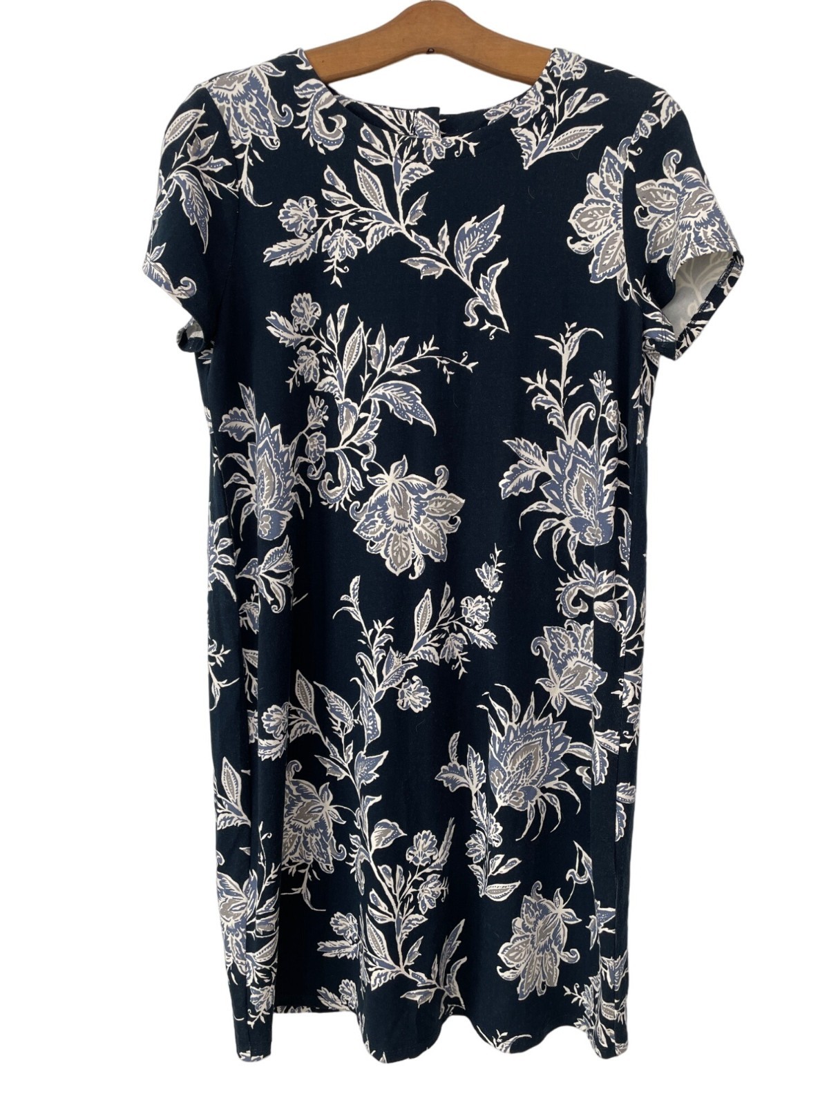 J Jill Wearever Collection Dress Size Small Petite Floral Short Sleeve Navy Boho