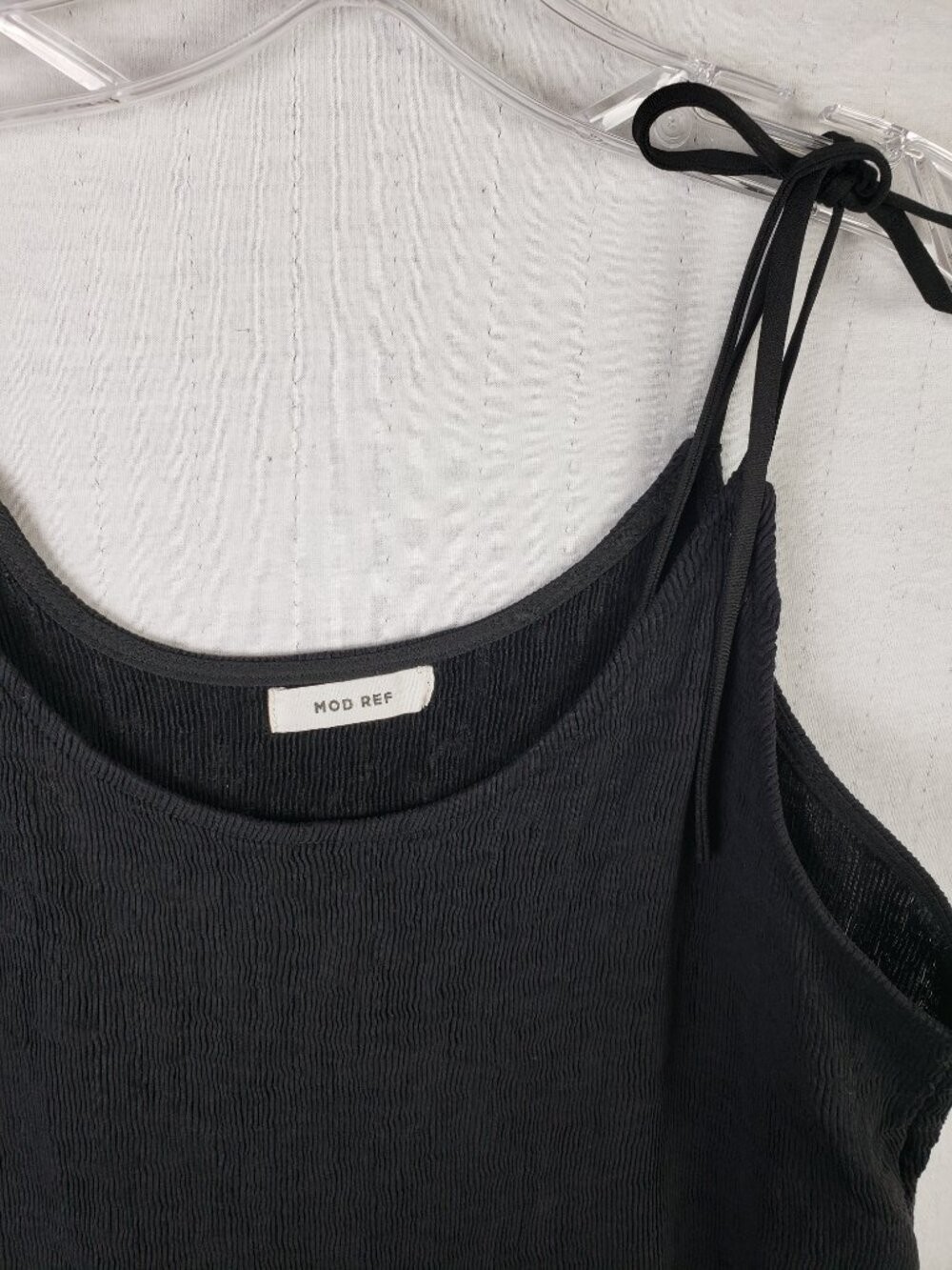 MOD REF Mini Dress Tunic Tie Straps Black Crinkled Ribbed Minimalist Resort sz M