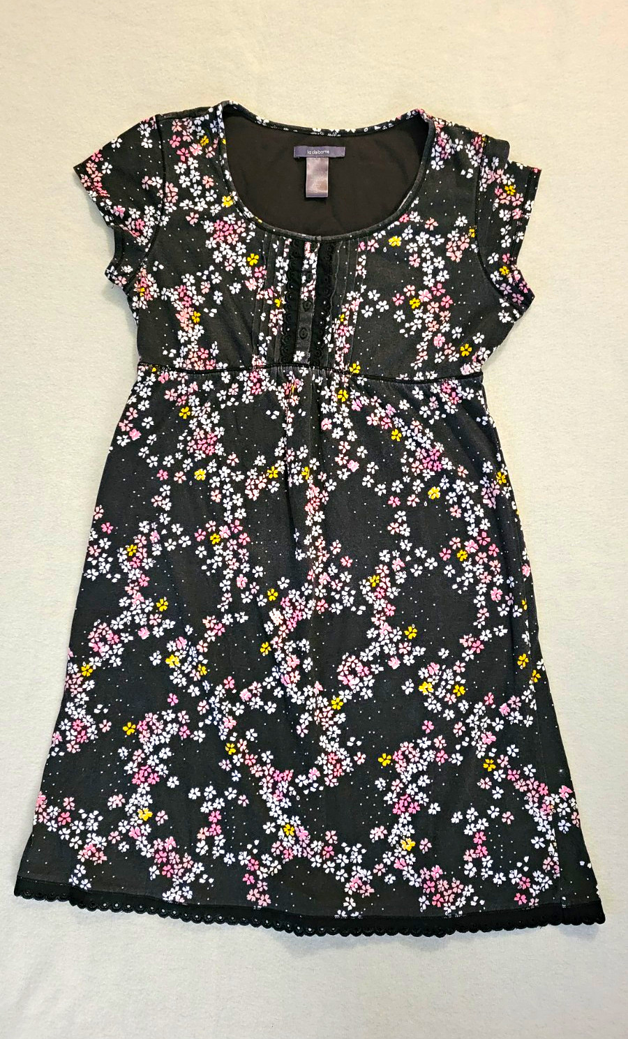 Liz Claiborne S Black Floral A-Line Knit Dress Scoop Neck Button Knee