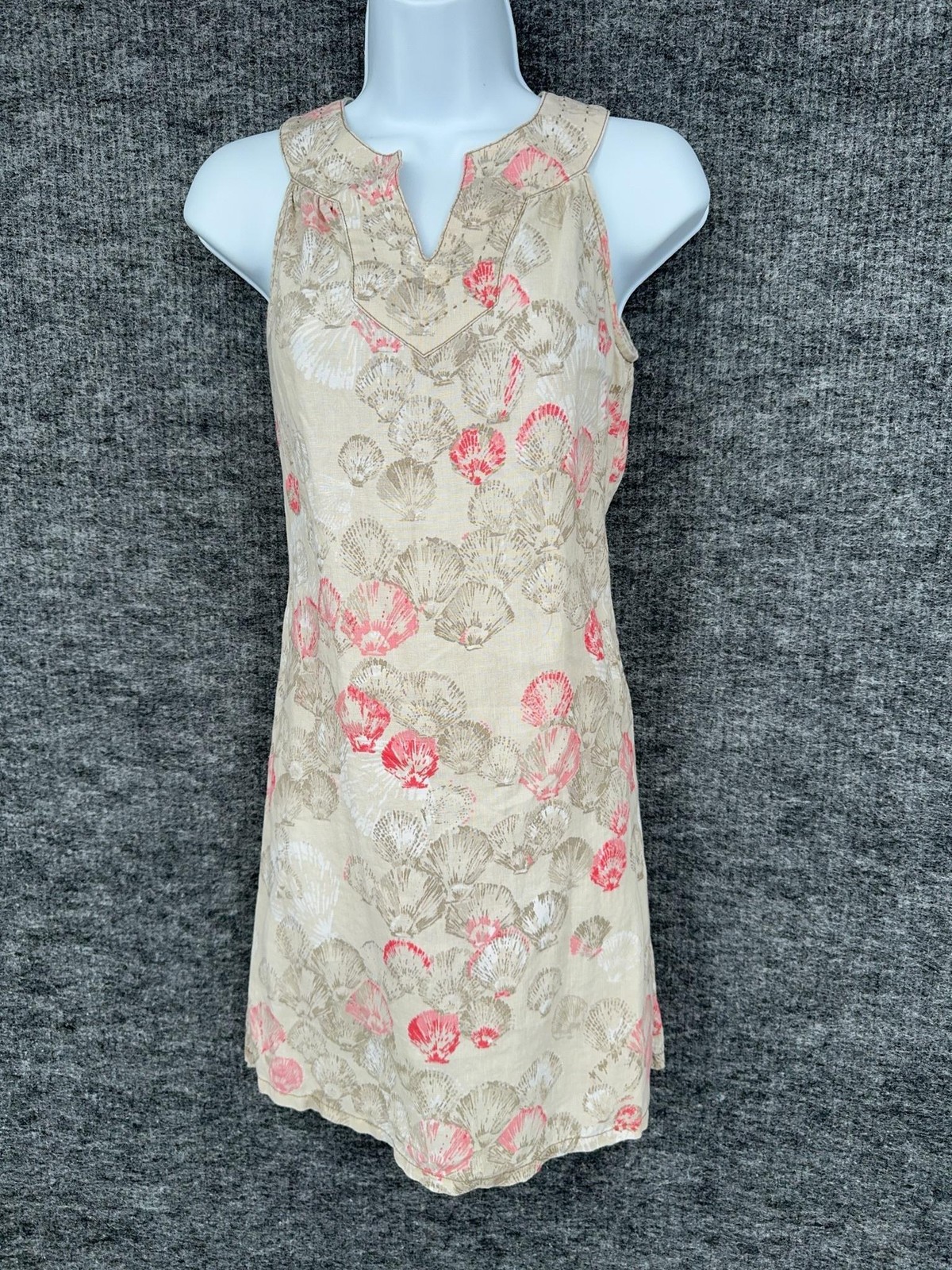 Tommy Bahama Dress Womens XXS Beige Floral Linen V Neck Shift Sundress Beach