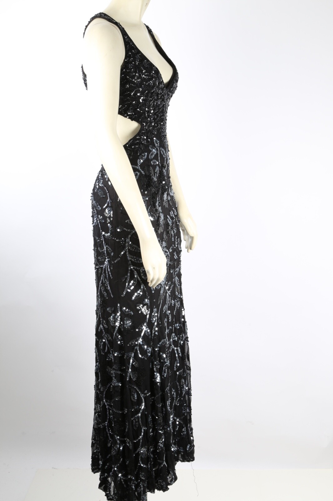 Cassandra Stone Black Silver Silk Beaded Embroidered Gown V Neck Dress Womens 0