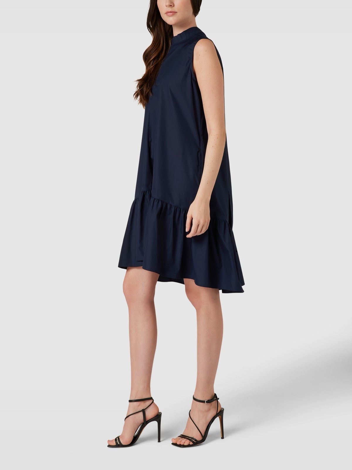 0039 Italy Women’s Roma Mini Dress Poplin Tie Neck Ruffle Navy Blue Size XS