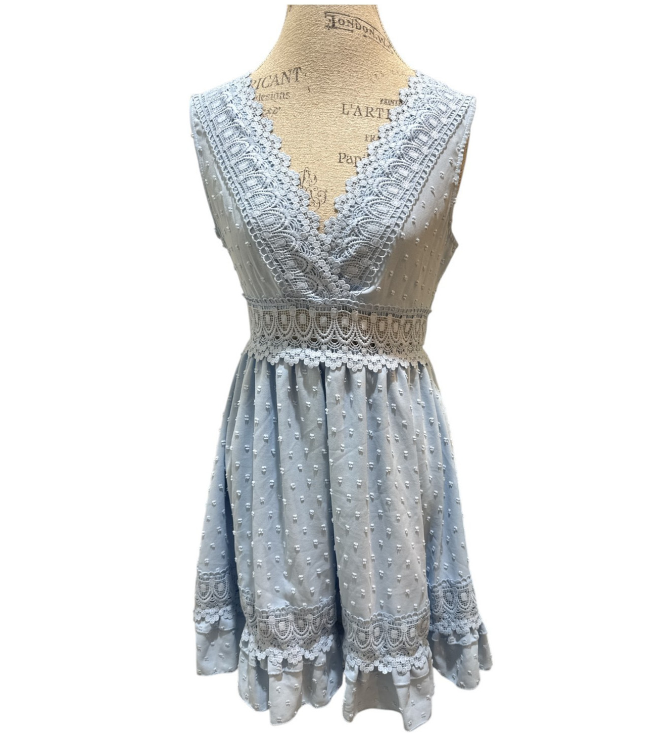 Shein Size M Blue Skirt-Lined Back-Tie Lace-Trimmed Mini Party or Sun Dress