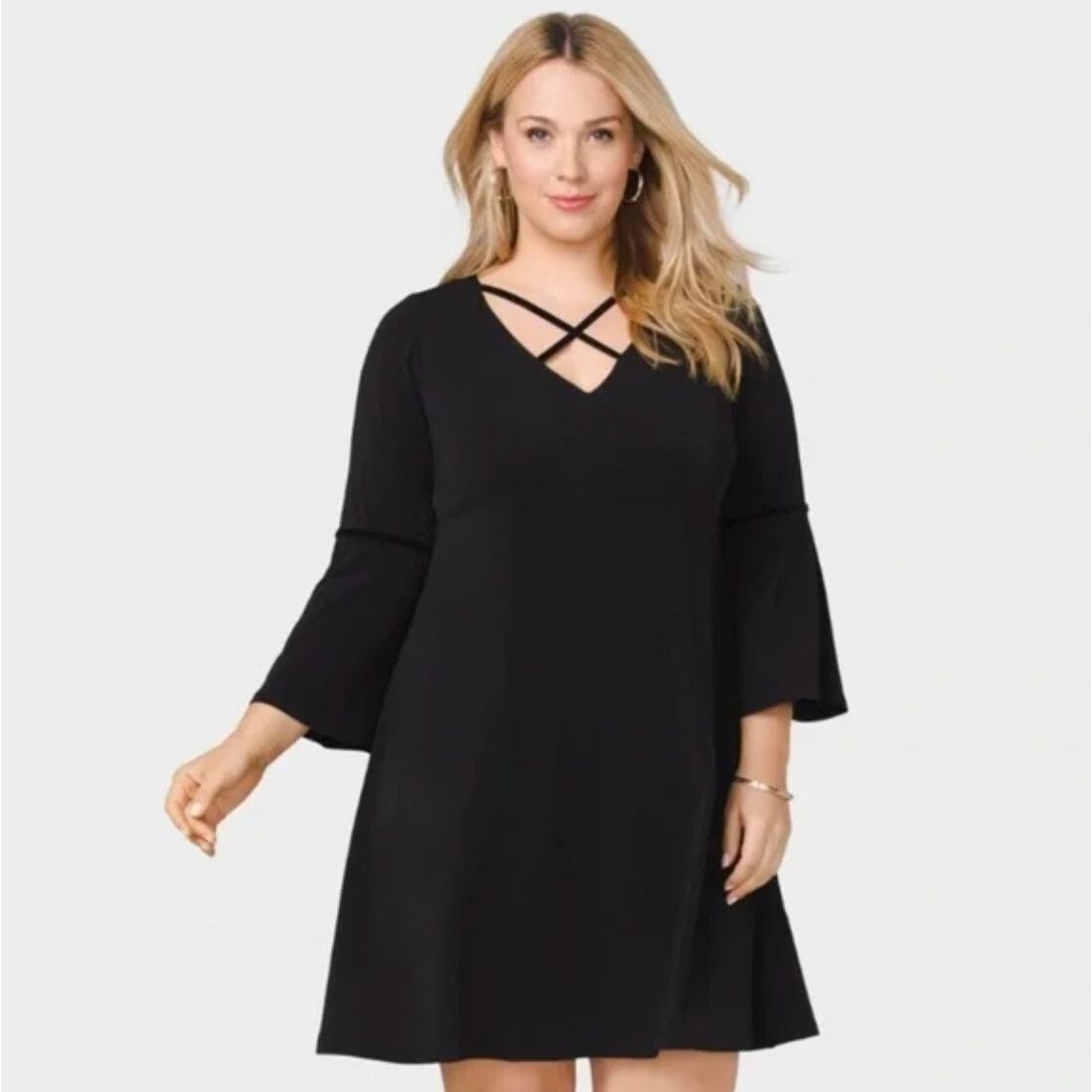 Size 14 Black Criss-Cross Bell Sleeve Skater Dress Day/Evening All-Season Party