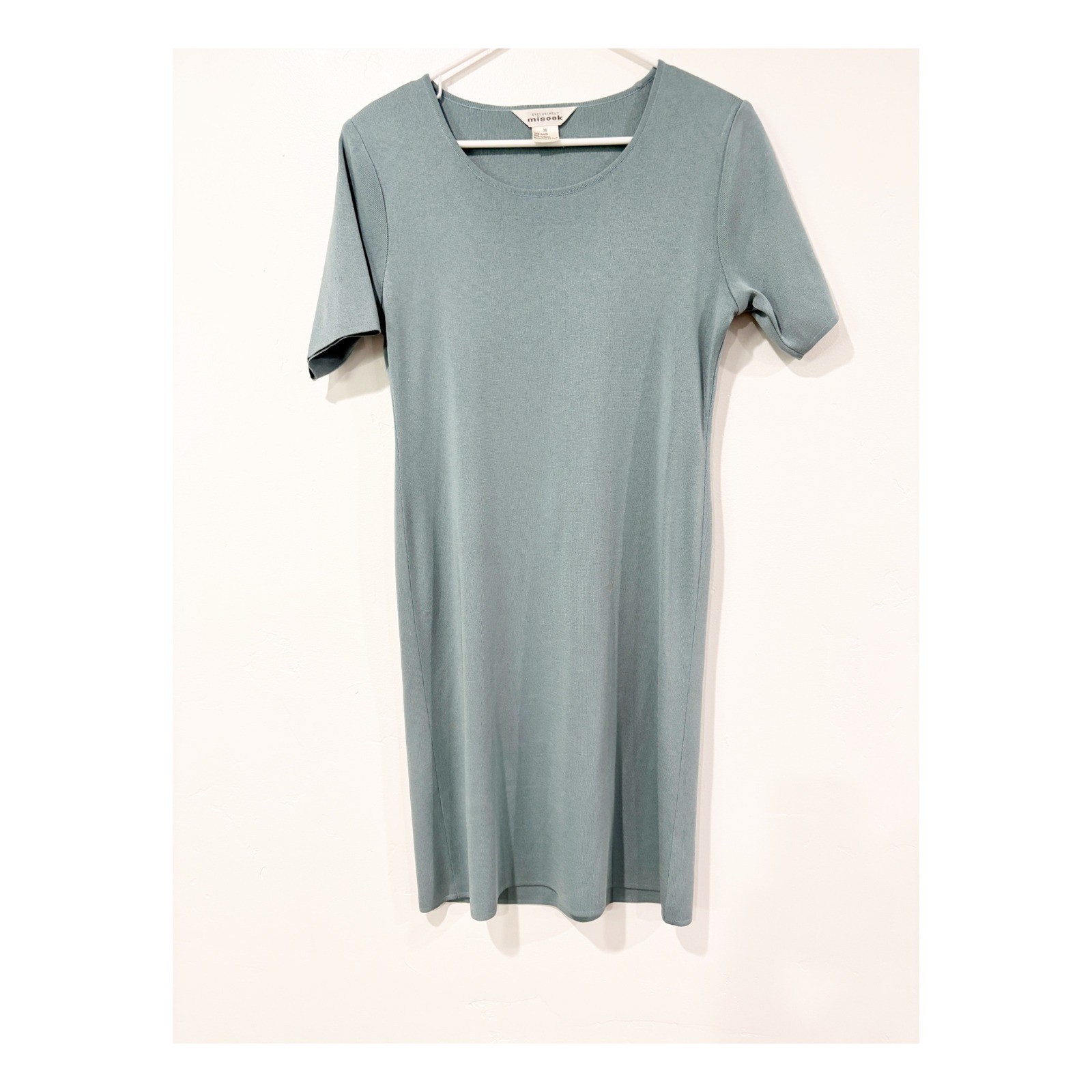 Exclusively Misook Knit Sheath Dress Womens Medium Blue Green Short Sleeve Tunic
