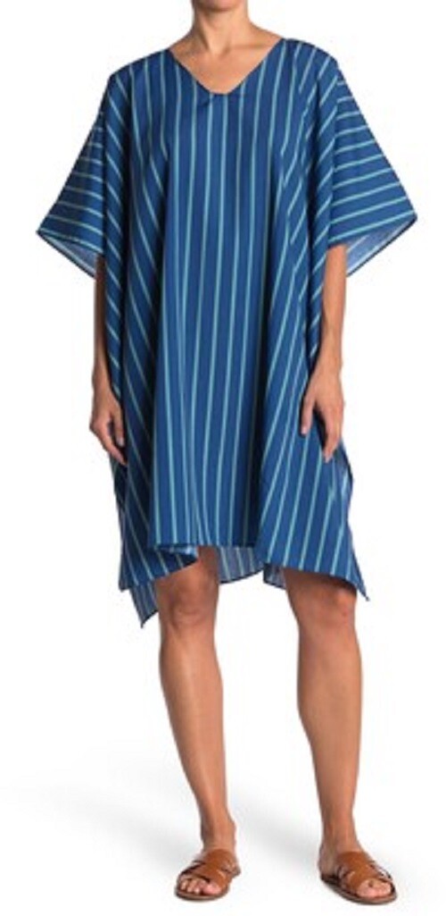 NORDSTROM RACK Teal Blue Striped V-Neck Lightweight Cover-Up Dress O/S S M L XL