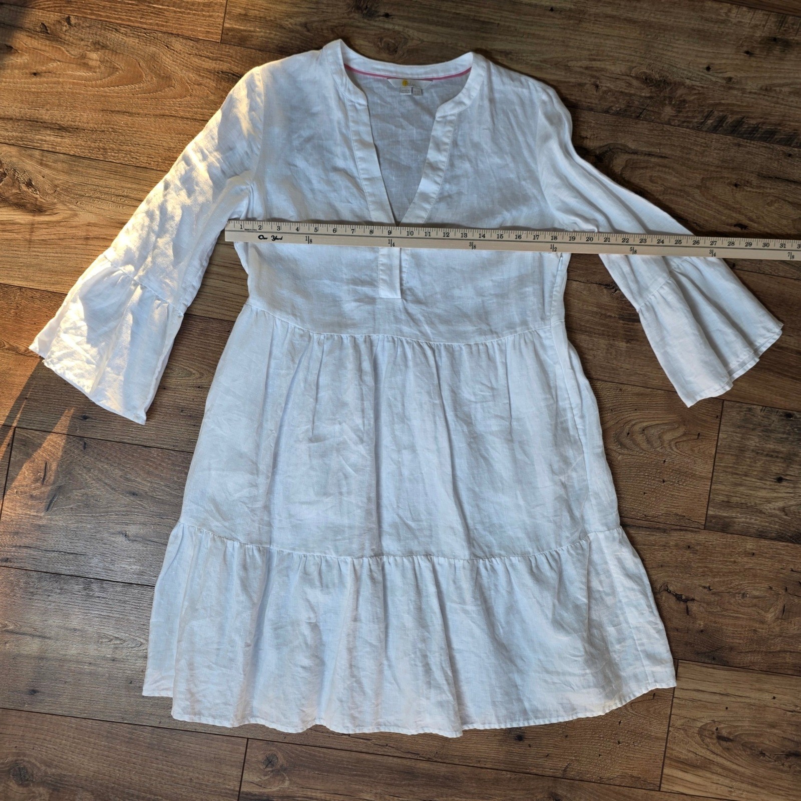 Boden White 100% Linen Tiered Mini Dress Long Bell Sleeve Split Neck Size US 8R