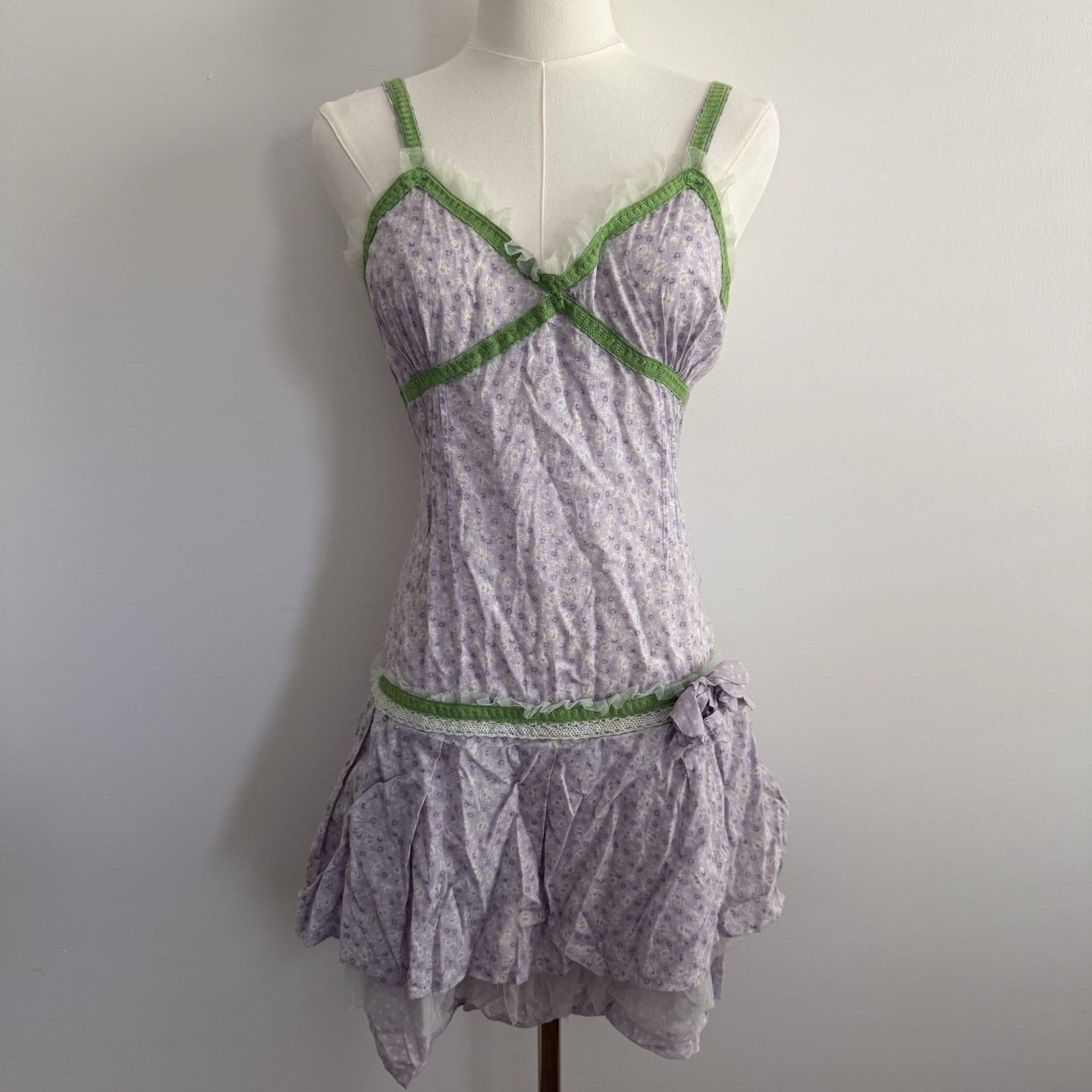 Y2K Wet Seal Mini Dress S Lace Trim Drop Waist Skirt Ruffled Coquette Fairy Boho